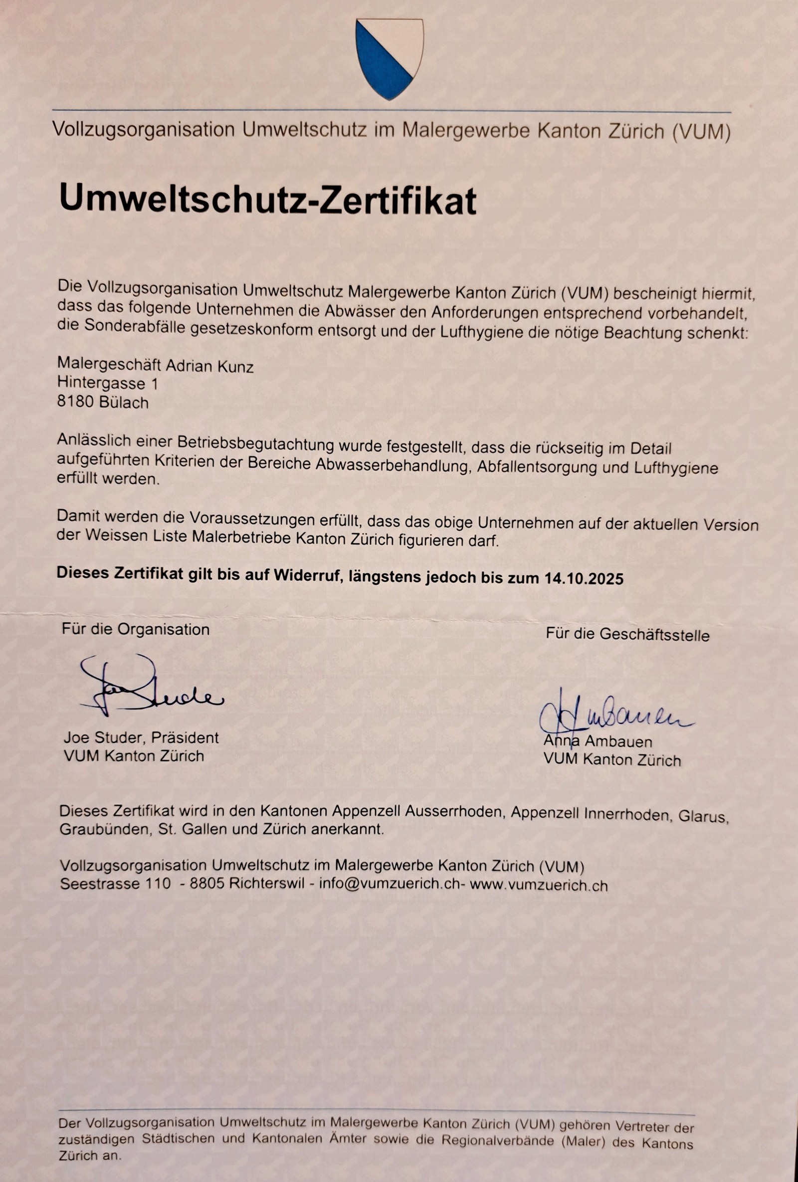 Umweltschutz-Zertifikat der VUM Kanton Zürich