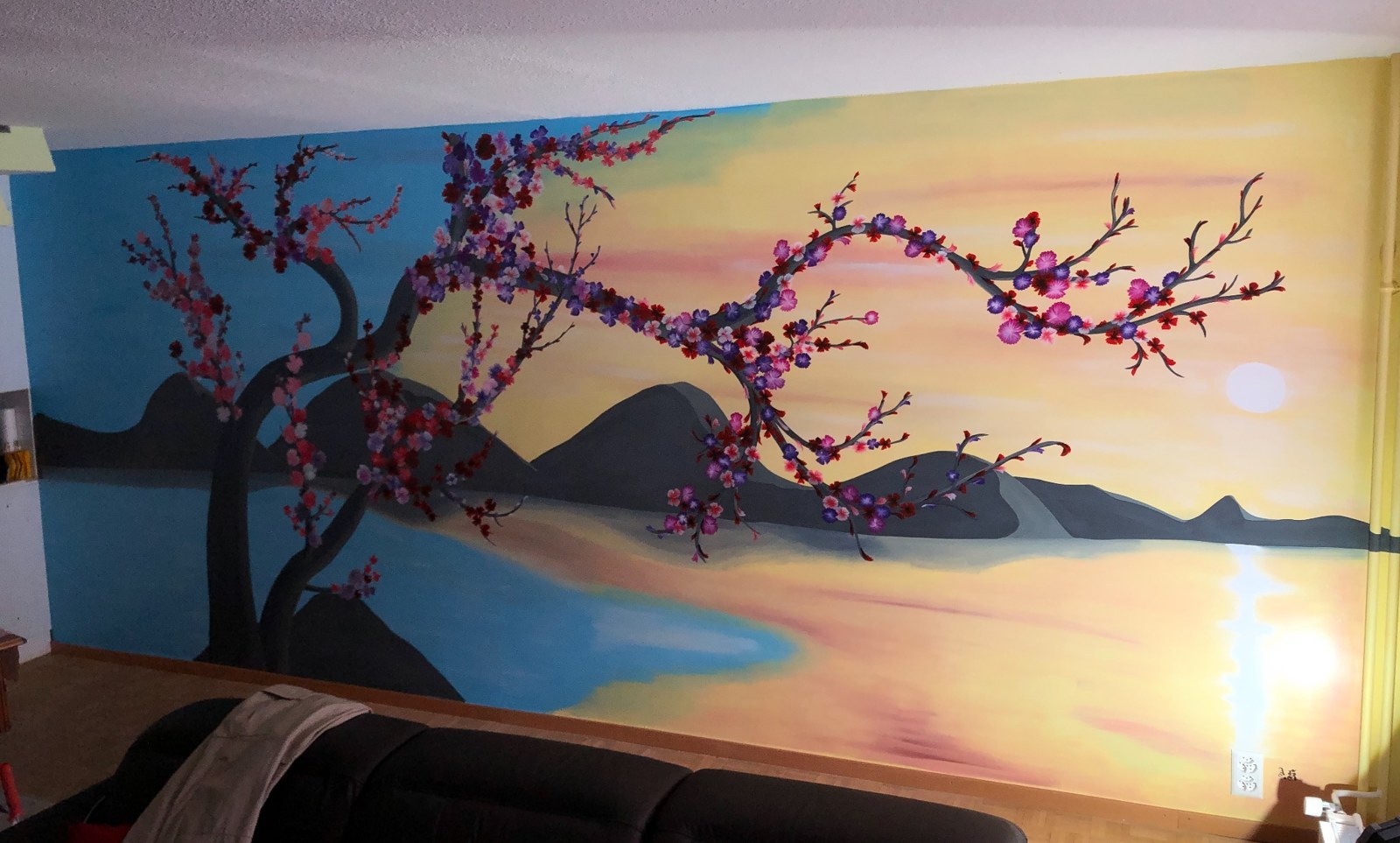 Wandbild mit Kirschblüten bei Sonnenuntergang